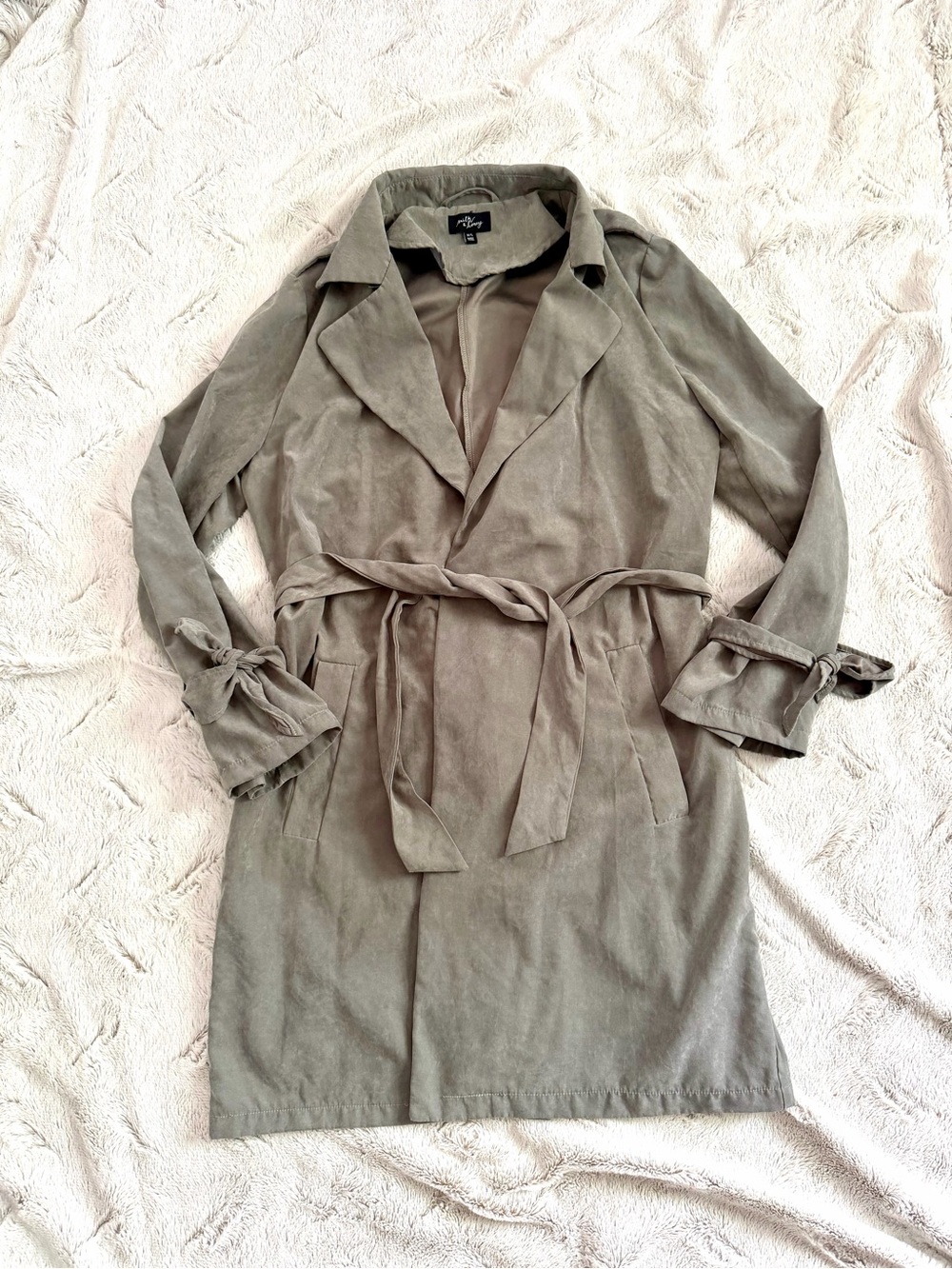 Milk & Honey Olive Green Tie Waist Faux Suede Trench Duster Coat M/L